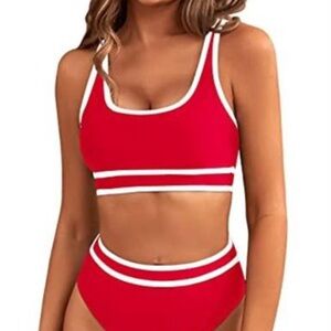 Red Contrast-Trim High-Waist Bikini Set